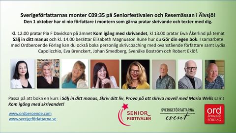 Idag onsdag har vi Lydia Capolicchio och Eva Swedenmark i vår monter på Seniorfestivalen. Jag pratar om hur du kan sälja in ditt manus 12:00-12:15 och 16:00-16:45 har vi en författarpanel som pratar om att skriva om svåra upplevelser. Klockan 17:00-17:15 berättar Lydia om sitt författarskap. Välkomna!