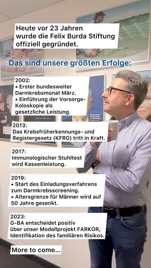 Am 5.11.2001 wurde die Felix Burda Stiftung offiziell, juristisch, gegründet. Christa Maar hatte aber schon Monate vorher mit ihrer Arbeit unter dem Namen „Felix Burda Stiftung“ begonnen. 
Kurz nach dem Tod von Felix am 25.02.2001 startete sie im März die erste Konferenz mit internationalen Wissenschaftlern. Ergebnis: Die „Münchner Erklärung“, das erste Manifest zur Prävention von Darmkrebs. ✊🏻

#darmkrebs #darmkrebsvorsorge #gesundheit #stiftung #burdabewegt #burdaingoodcompany